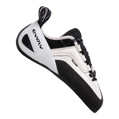 Climbing shoes with lace-up closure, white and black upper, side strap detail