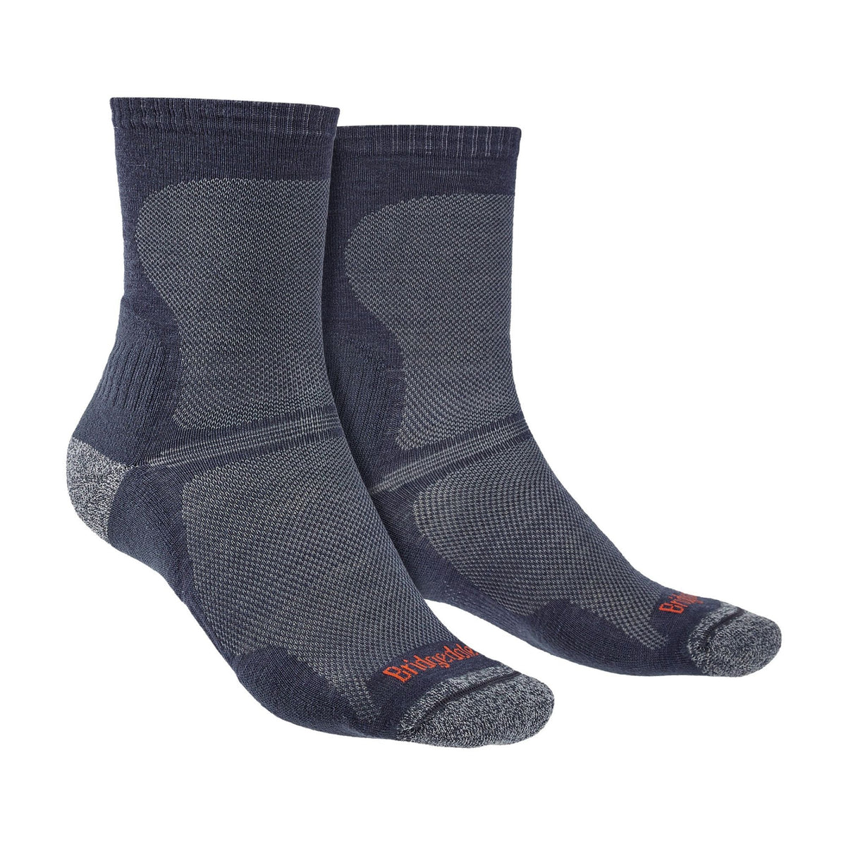 Men's navy merino wool crew hiking socks with dark heel and toe panels