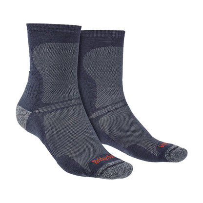 Men's navy merino wool crew hiking socks with dark heel and toe panels