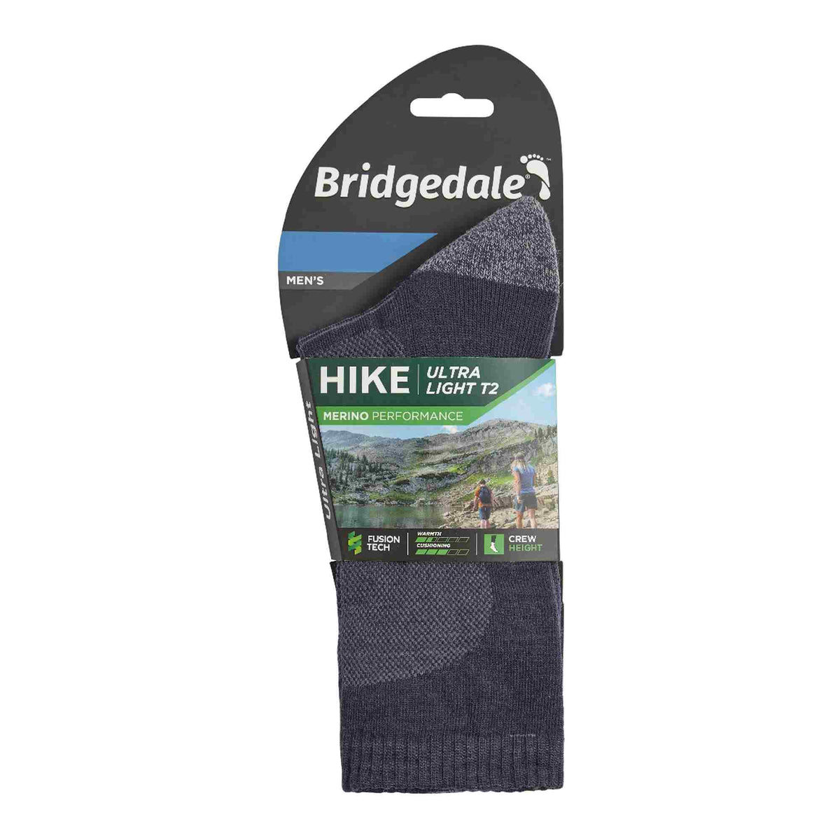 Dark gray men's merino hiking crew socks in retail pack, cushioned toe and heel