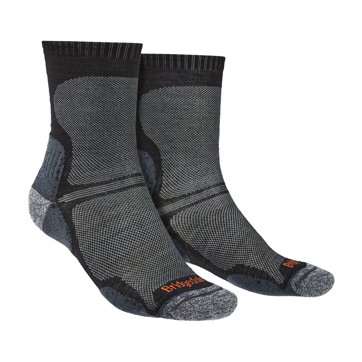 Men's black merino wool crew hiking socks, cushioned heel and toe, orange logo
