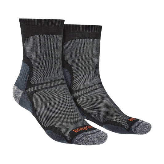 Men's black merino wool crew hiking socks, cushioned heel and toe, orange logo