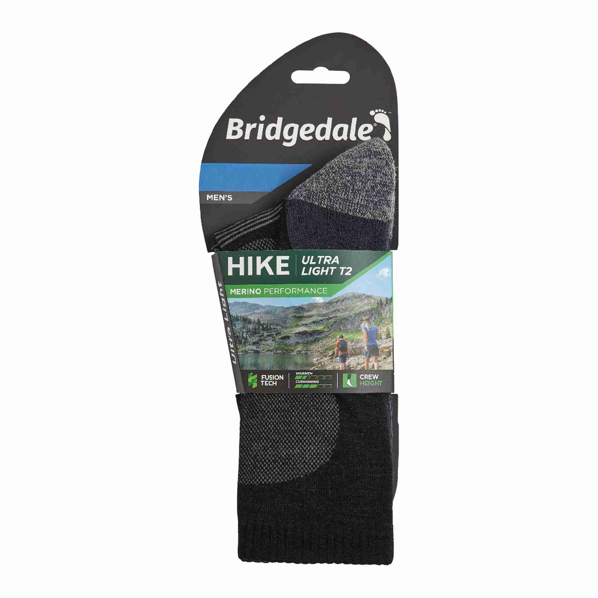 Black men's merino hiking crew socks in retail pack, cushioned toe and heel