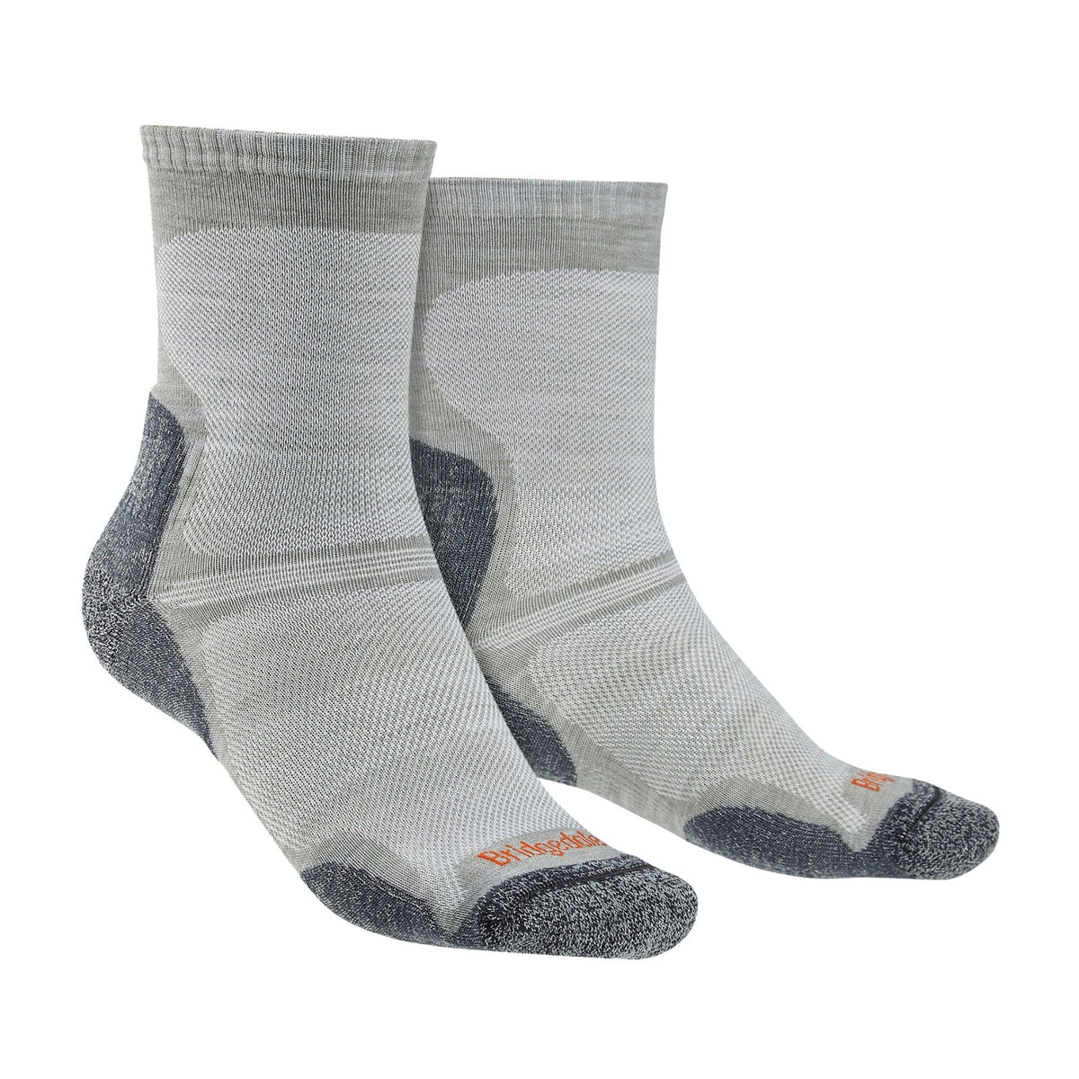 Men's light gray merino wool crew hiking socks with dark heel and toe panels