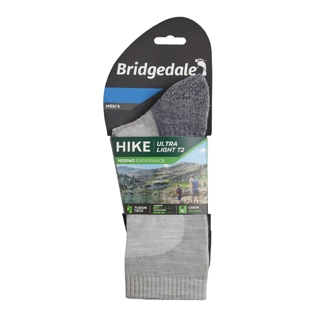 Light gray men's merino hiking crew socks in retail pack, cushioned toe and heel