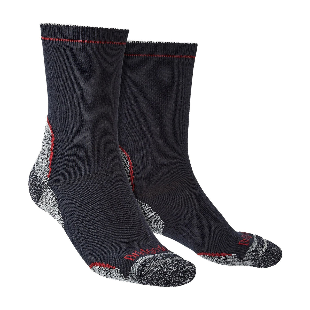 Navy hiking boot socks with red heel-toe cushioning and Bridgedale logo