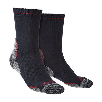 Navy hiking boot socks with red heel-toe cushioning and Bridgedale logo