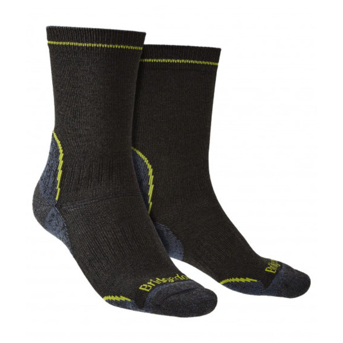 Black hiking boot socks with lime rib top and logo at toe and heel