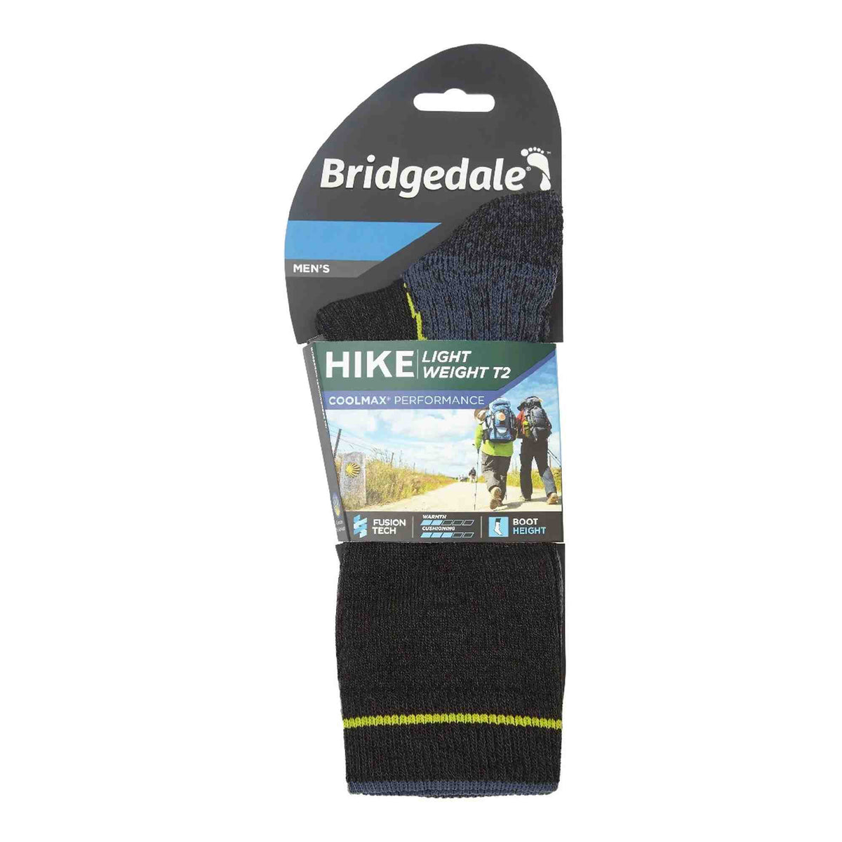 Men's light weight T2 hiking boot socks, black with lime trim, retail pack