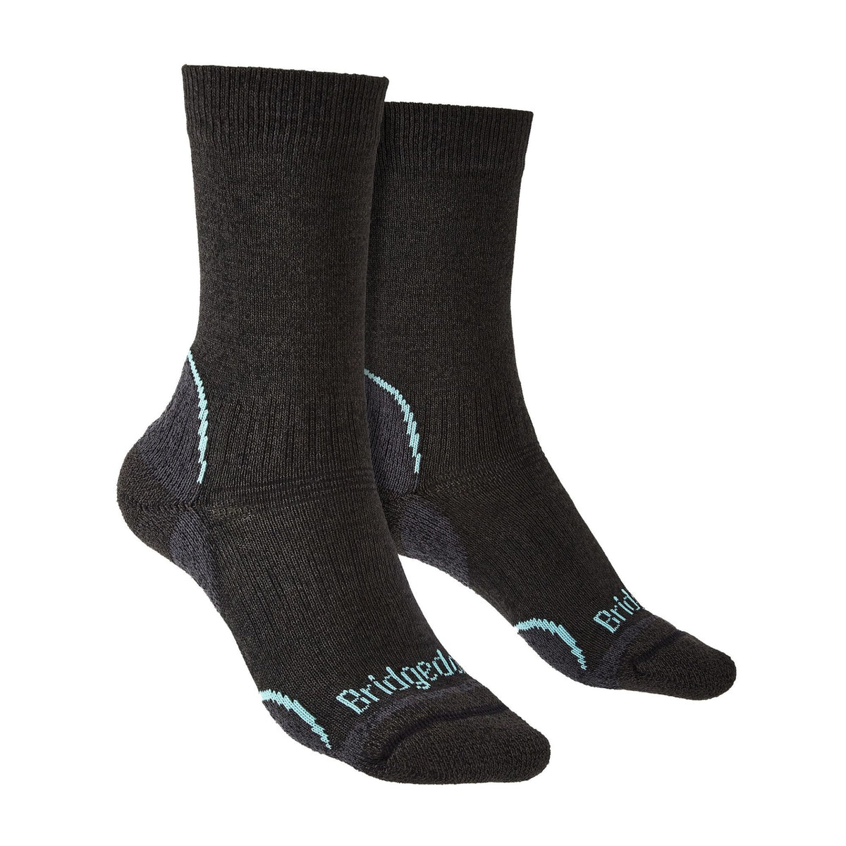 Lightweight hiking boot socks, dark graphite with teal trim and Bridgedale branding