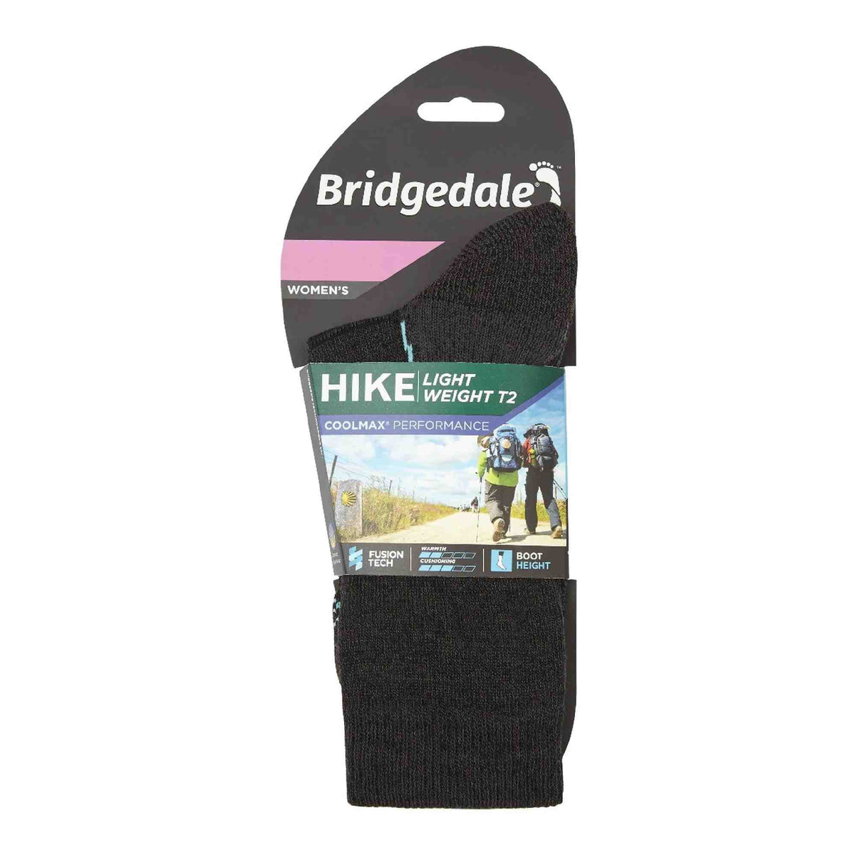 Bridgedale women’s Hike Light Weight T2 boot socks in dark graphite (packaging view)