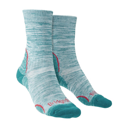 Lightweight hiking boot socks, teal blue knit with red heel accents and Bridgedale logo