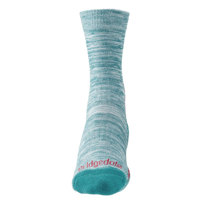 Lightweight hiking boot sock, teal blue knit with red Bridgedale logo and cushioned toe