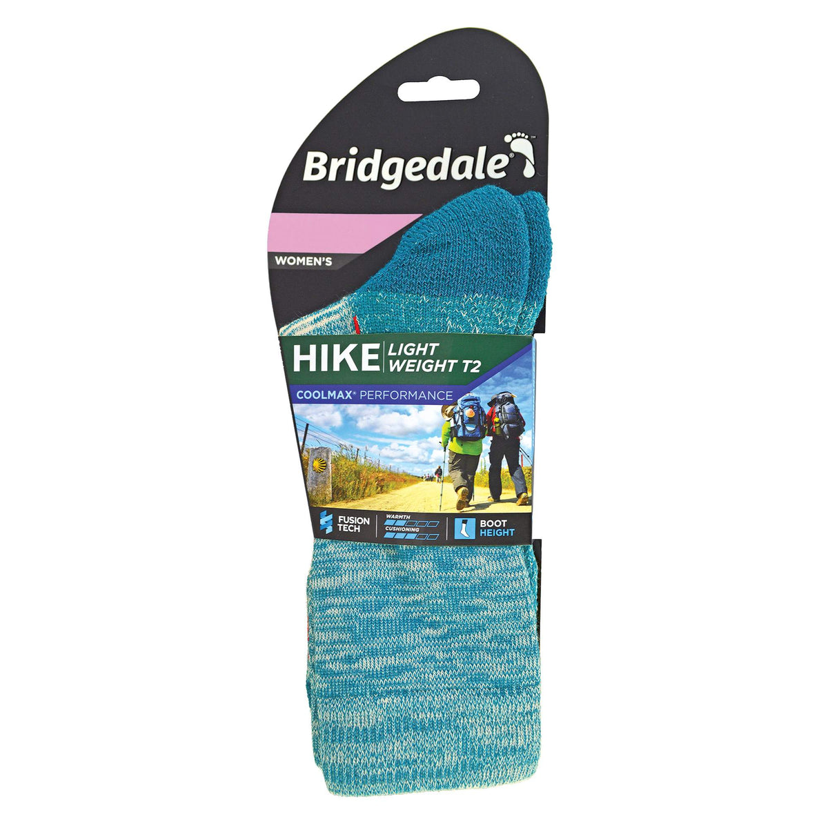 Bridgedale women’s Hike Light Weight T2 boot socks in teal blue (packaging view)