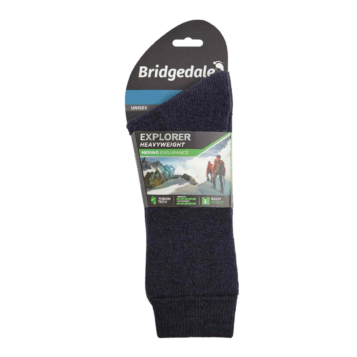 Bridgedale Explorer navy men's merino wool boot socks, heavyweight, on retail card