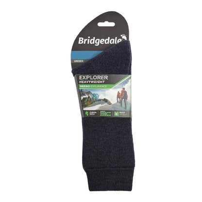 Bridgedale Explorer navy men's merino wool boot socks, heavyweight, on retail card