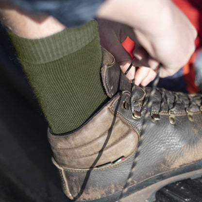 Olive merino wool crew boot socks with ribbed cuff