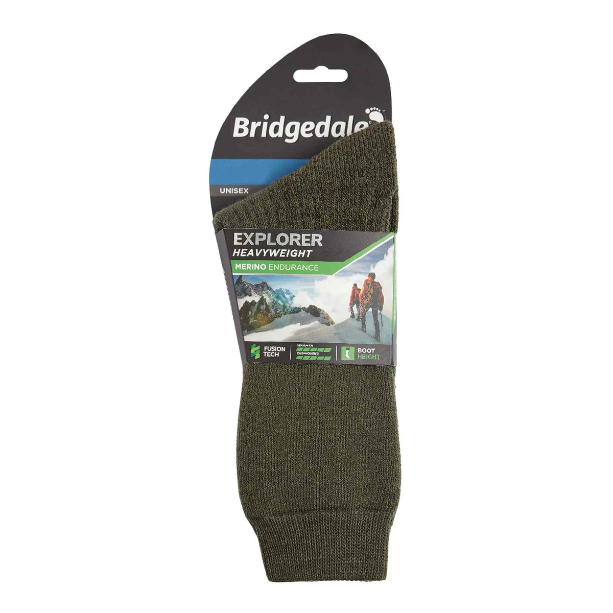 Bridgedale Explorer olive men's merino wool boot socks, heavyweight, on retail card