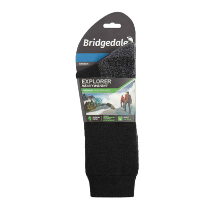 Bridgedale Explorer black men's merino wool boot socks, heavyweight, on retail card