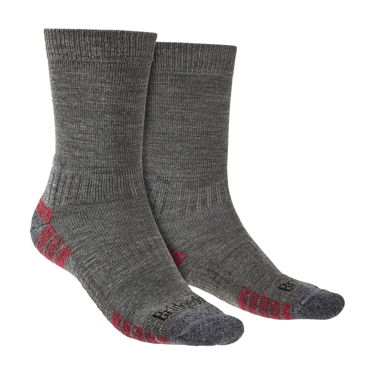 Mens lightweight merino hiking boot socks, grey heather with red accent at heel