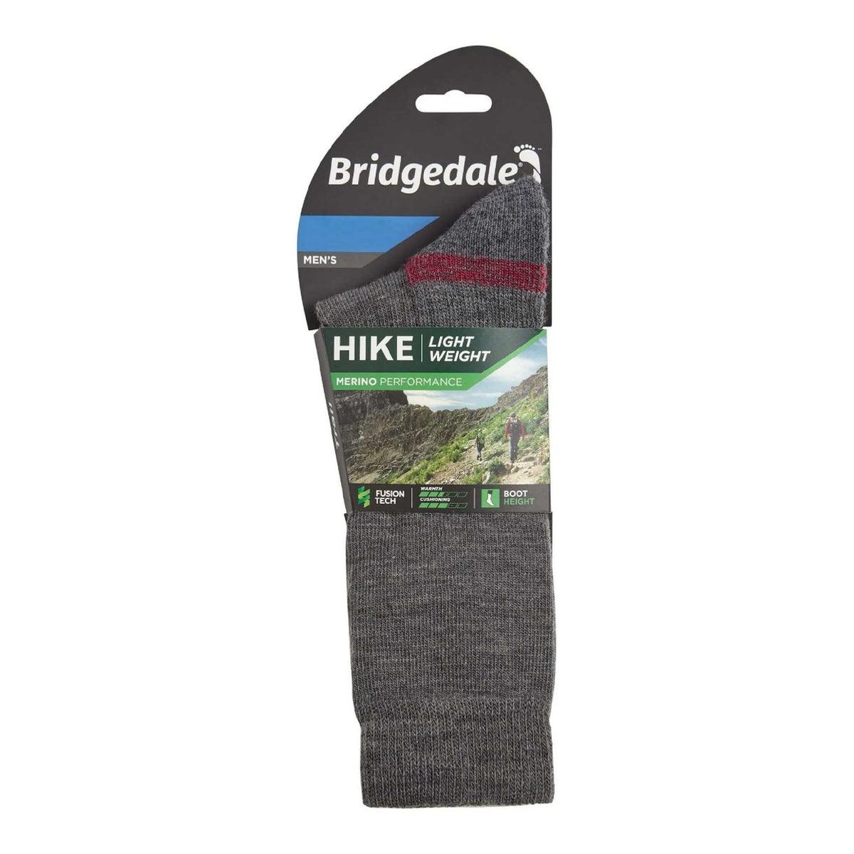 Bridgedale Hike light weight merino boot socks, grey heather with red accent, retail pack