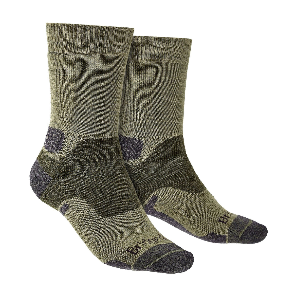 Mens hiking boot socks in olive green with dark camo patches and orange Bridgedale logo