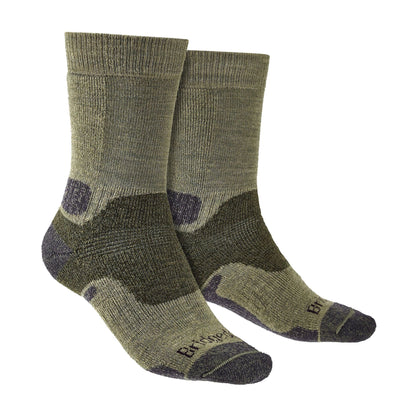 Mens hiking boot socks in olive green with dark camo patches and orange Bridgedale logo