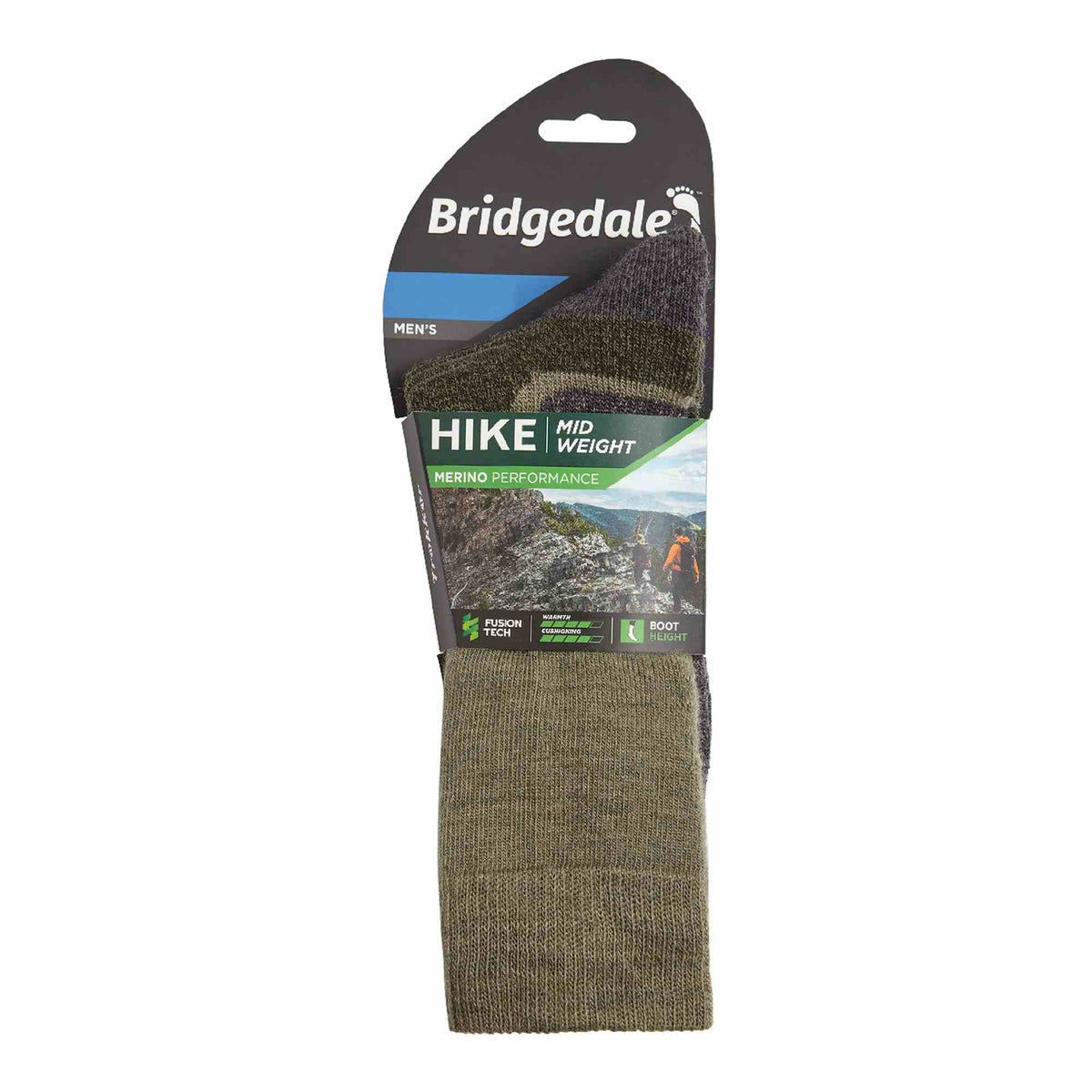 Bridgedale Hike midweight men’s boot socks package, showing olive green socks