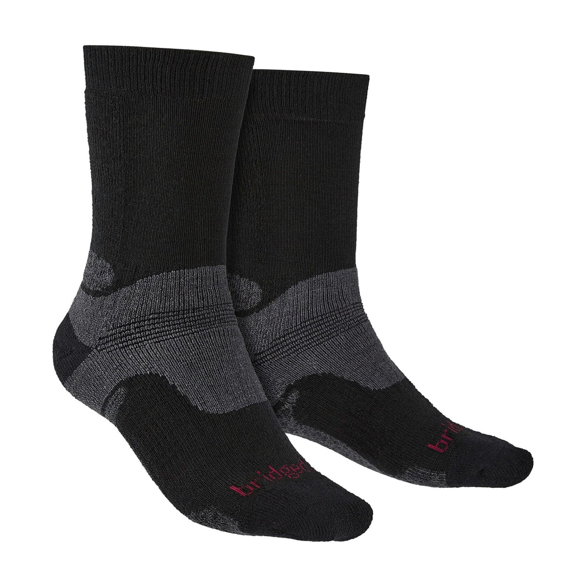 Mens hiking boot socks in black with gray cushioning and red Bridgedale logo