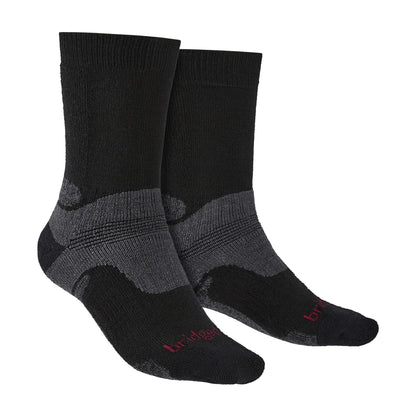 Mens hiking boot socks in black with gray cushioning and red Bridgedale logo