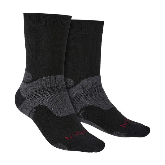 Mens hiking boot socks in black with gray cushioning and red Bridgedale logo