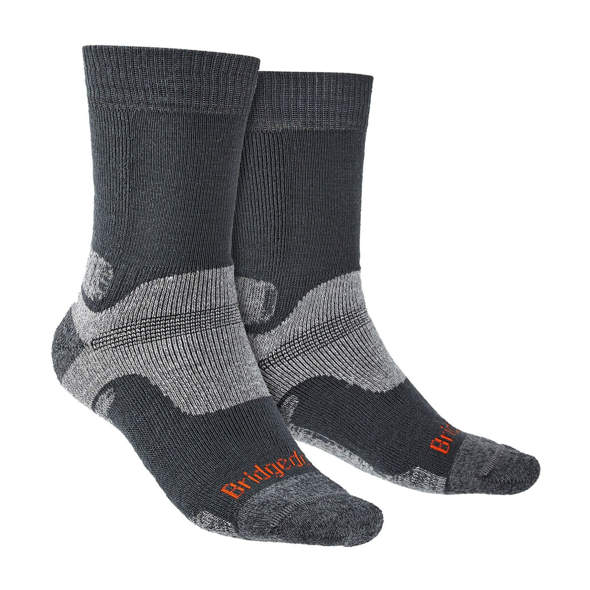 Mens hiking boot socks in dark gray with gray panels and orange Bridgedale logo