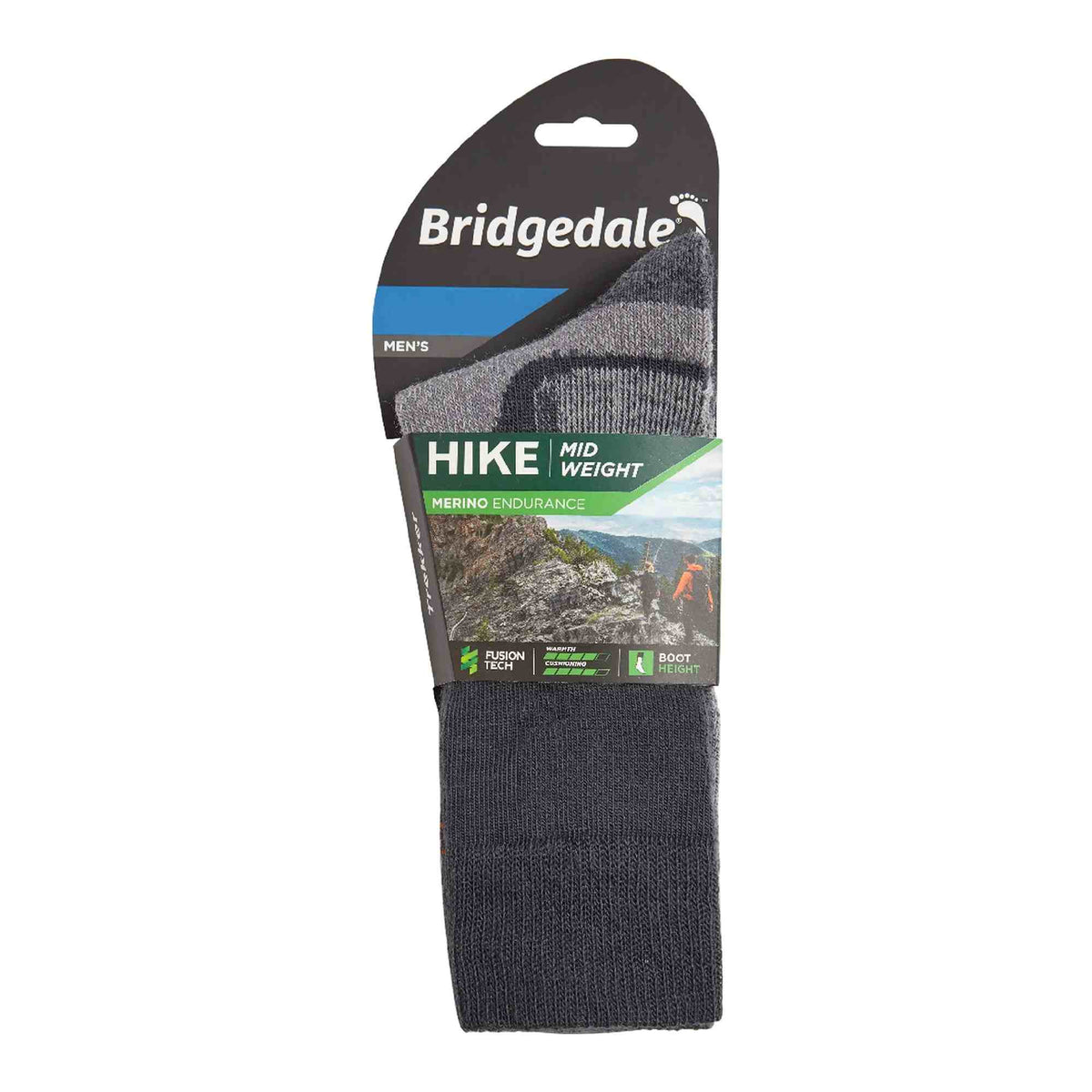 Bridgedale Hike midweight men’s boot socks package, showing dark gray socks