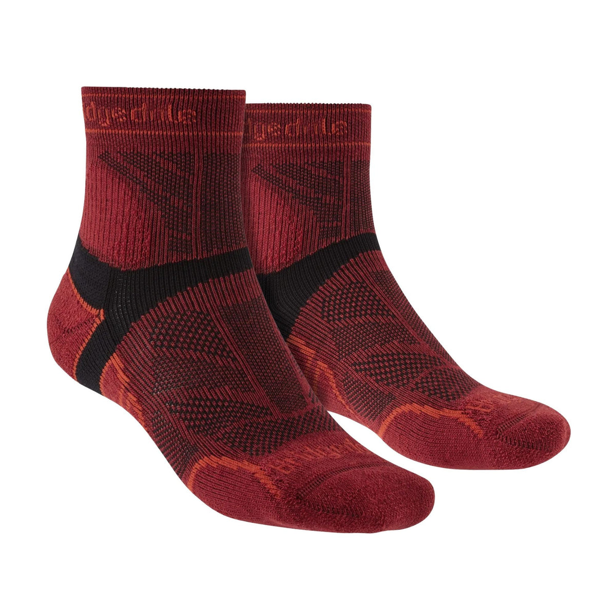 Men's red crew trail socks with black heel and toe panels