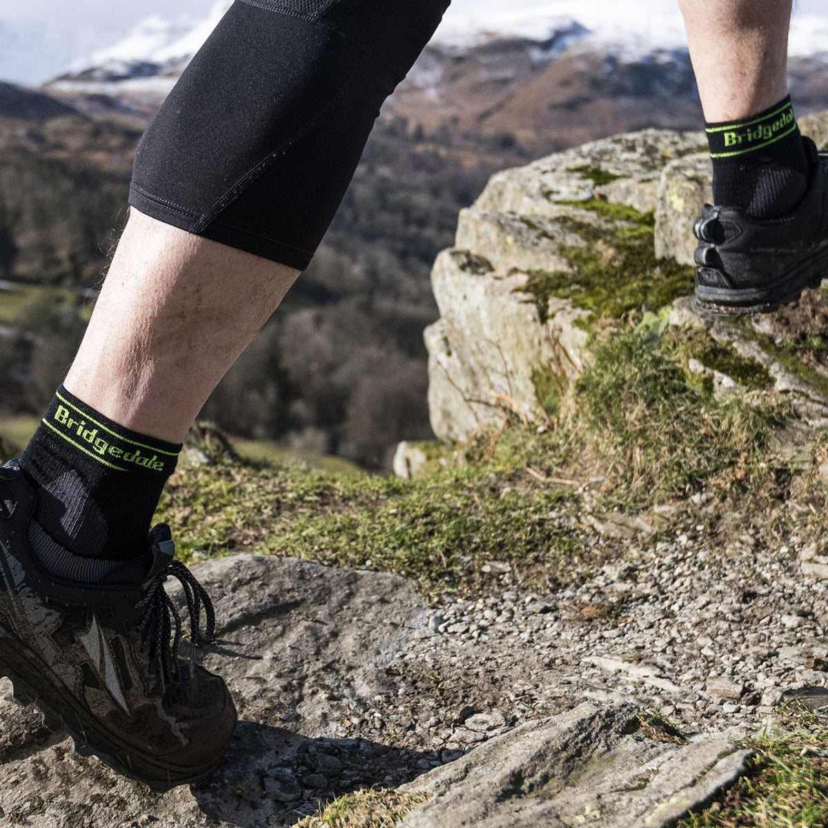 Men's black crew trail socks with green Bridgedale heel tab