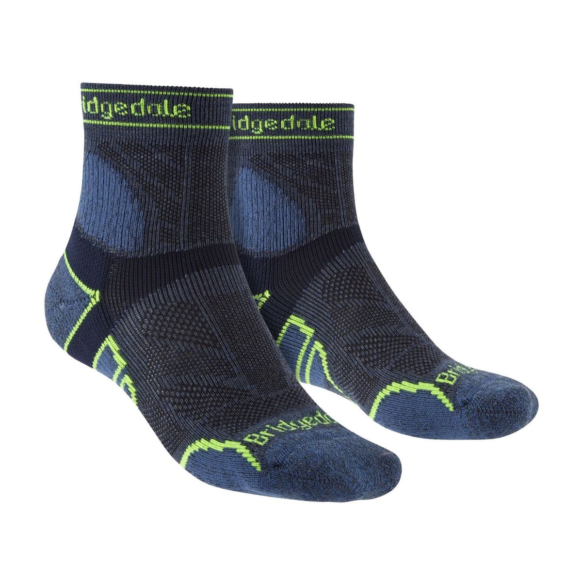 Men's trail crew merino wool socks, navy blue with neon green accents and cushioned pads