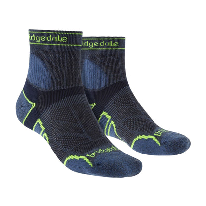Men's trail crew merino wool socks, navy blue with neon green accents and cushioned pads