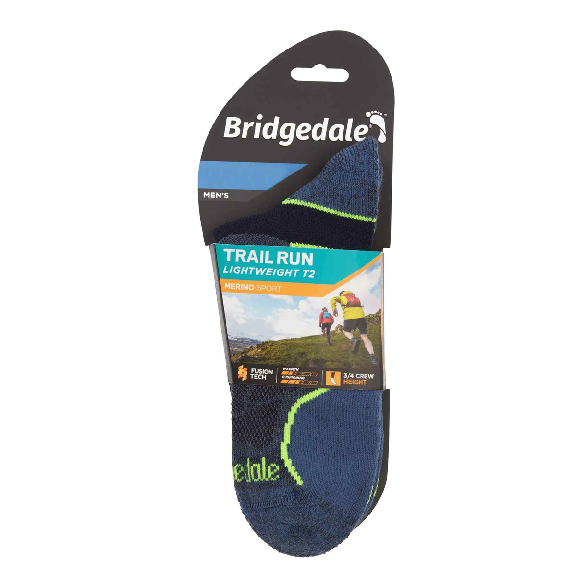 Men's trail run T2 merino wool socks, navy blue with neon green, retail pack