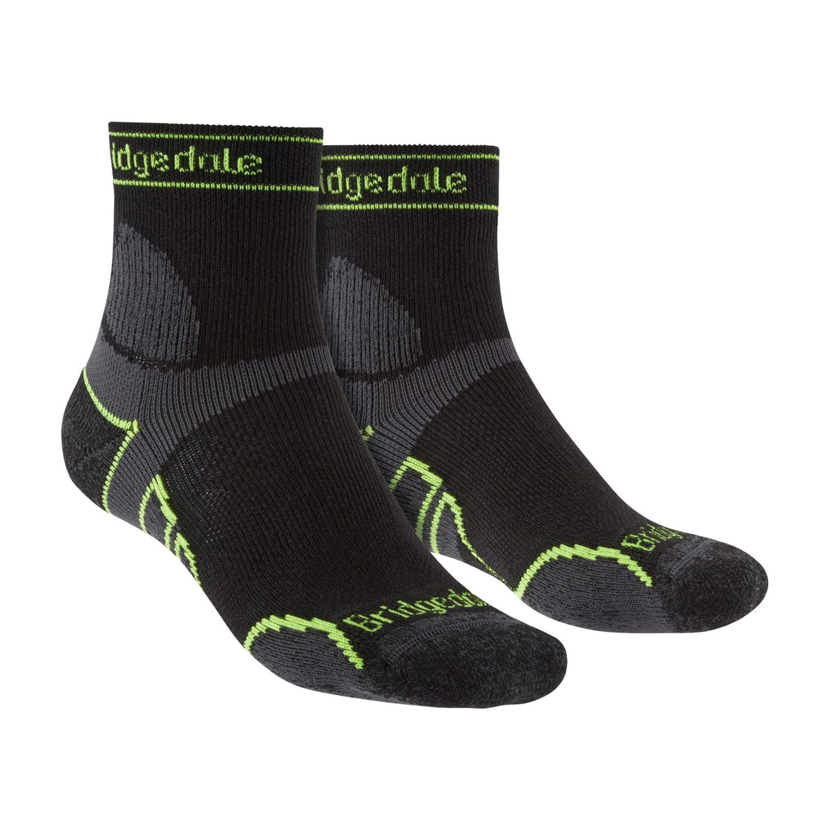 Men's trail crew merino wool socks, black with neon green accents and cushioned foot