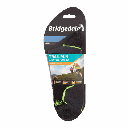 Men's trail run T2 merino wool socks, black with neon green, in retail pack