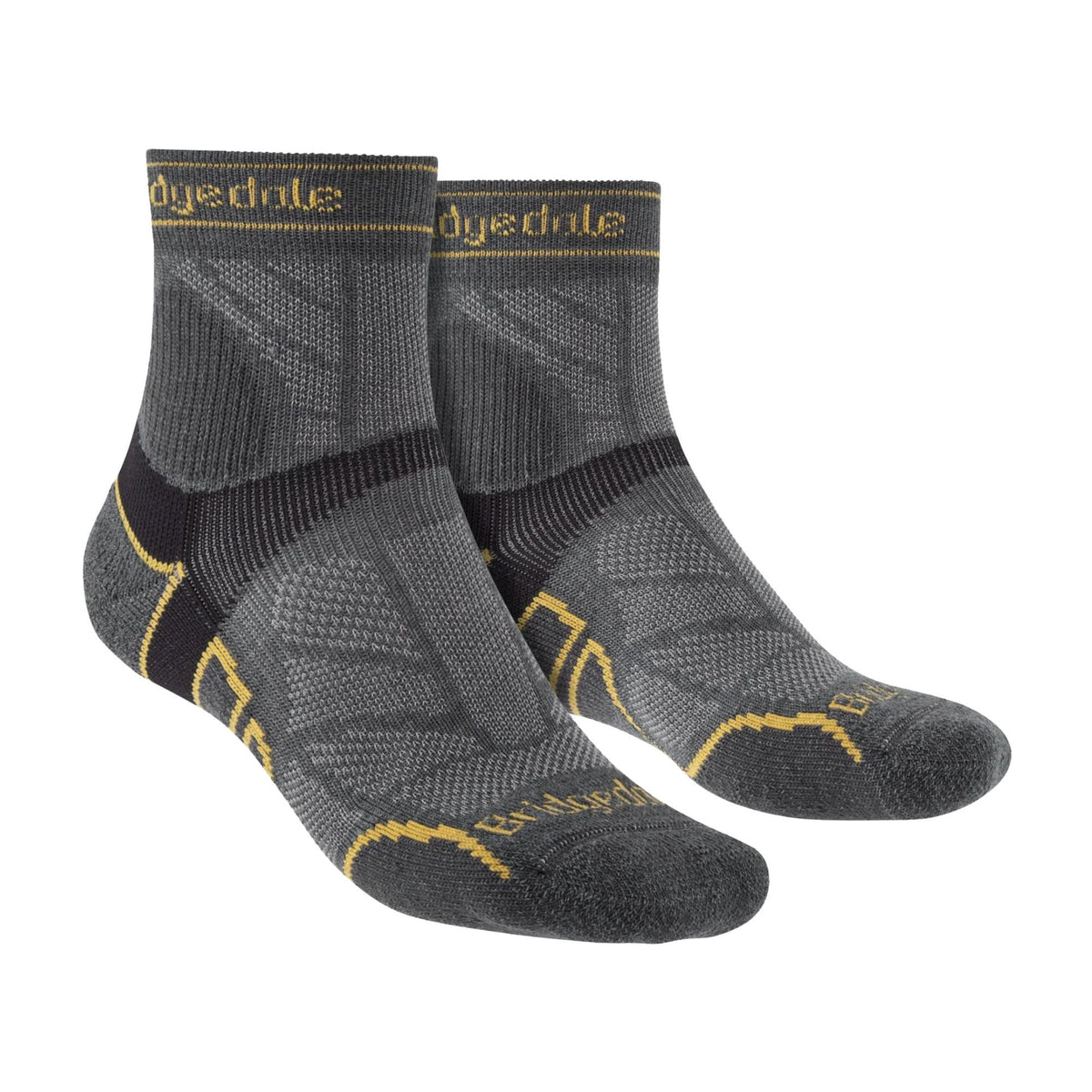 Men's trail crew merino wool socks, gunmetal gray with yellow accents and cushioning