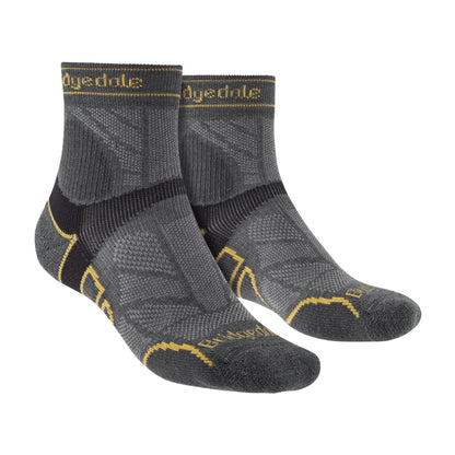 Men's trail crew merino wool socks, gunmetal gray with yellow accents and cushioning