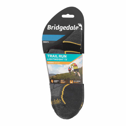 Men's trail run T2 merino wool socks, gunmetal gray with yellow accents, in pack