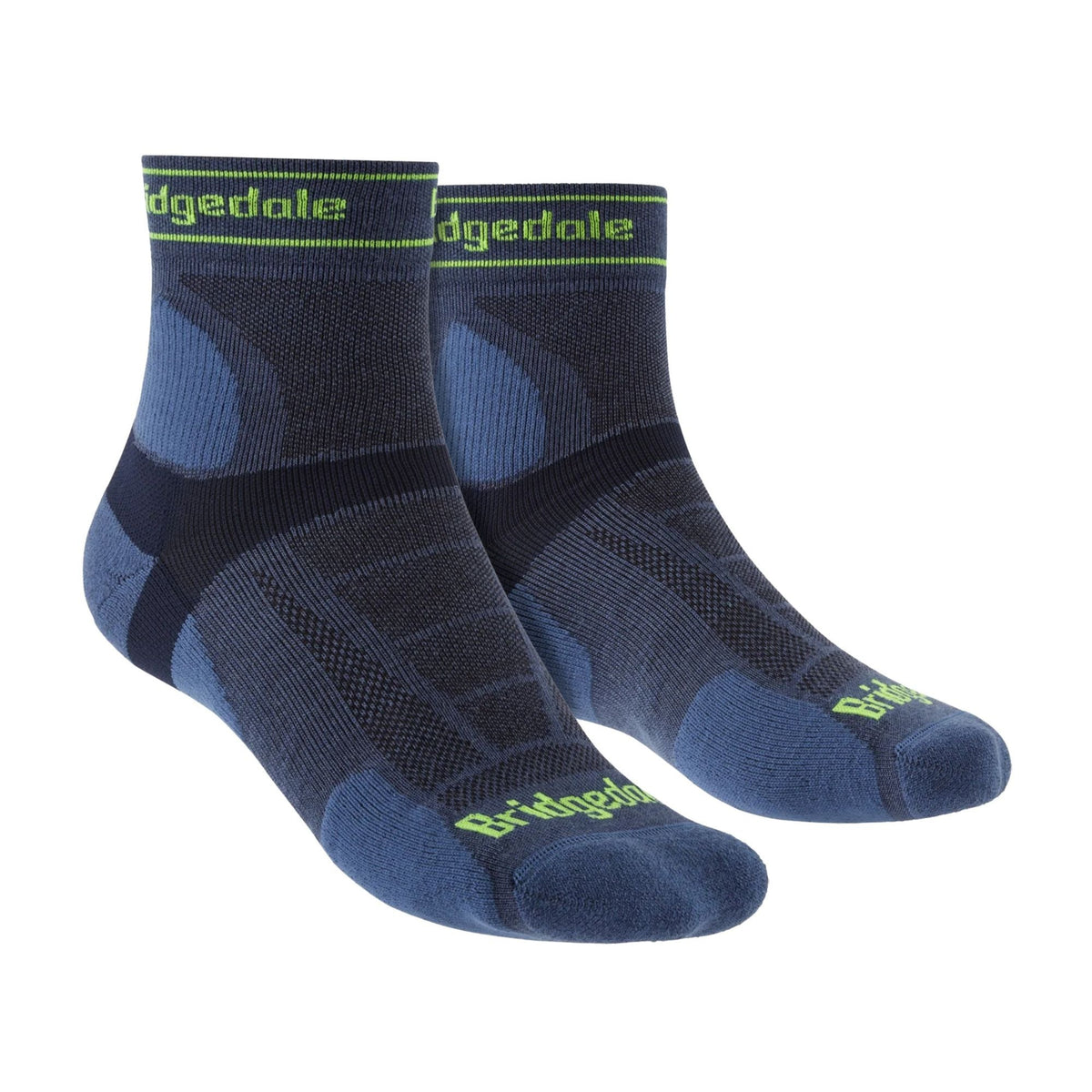 Men's blue merino 3/4 crew trail socks with geometric stripes and cushioned sole