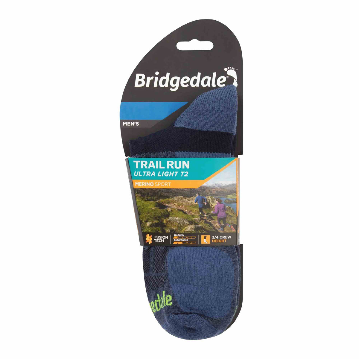 Bridgedale men's trail run T2 merino sport socks, blue 3/4 crew pack