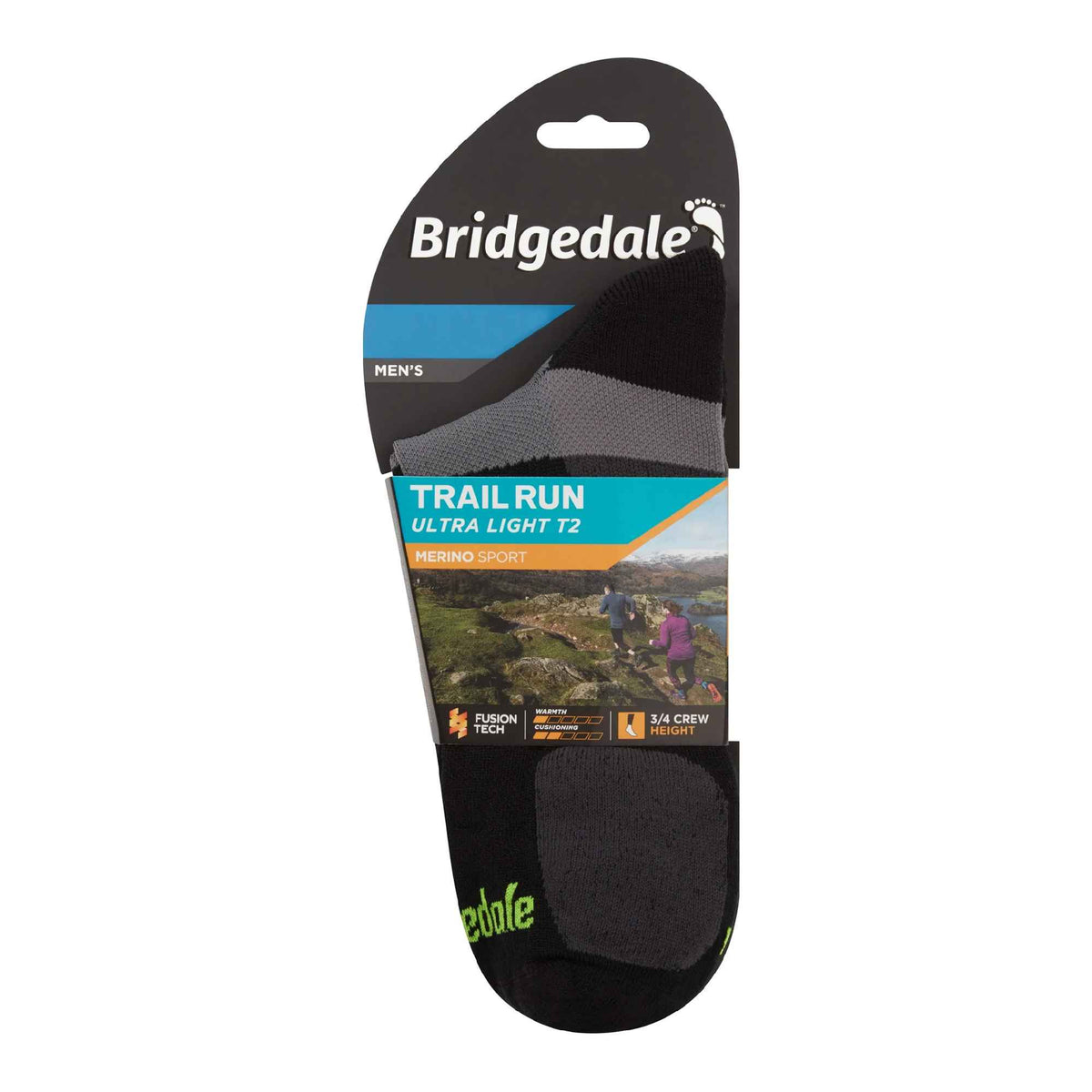 Bridgedale men's trail run T2 merino sport socks, black 3/4 crew pack