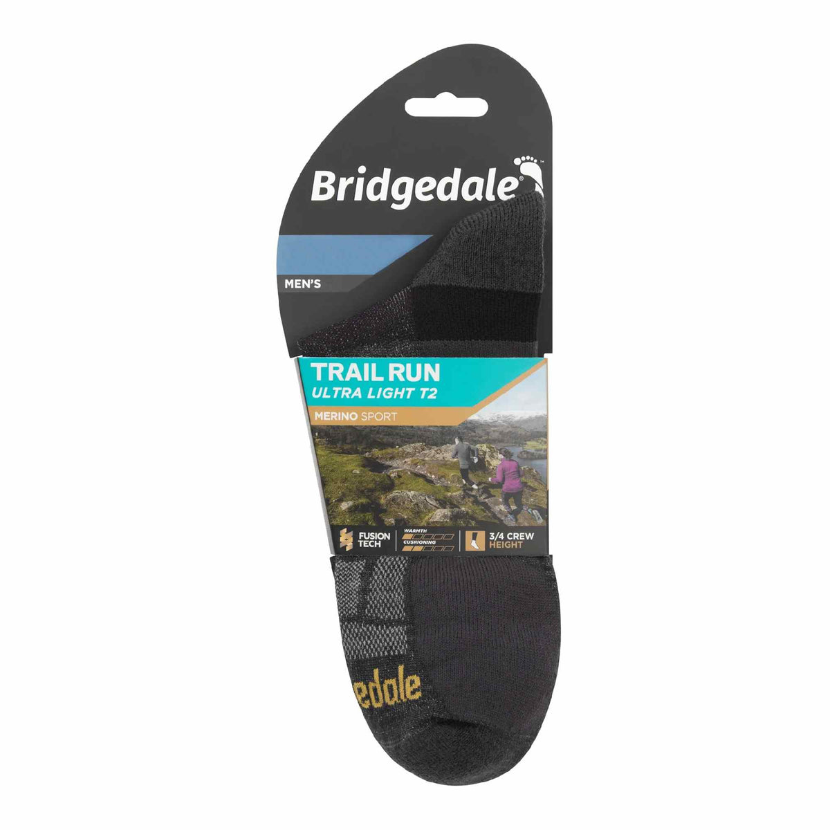 Bridgedale men's trail run T2 merino sport socks, gunmetal 3/4 crew pack