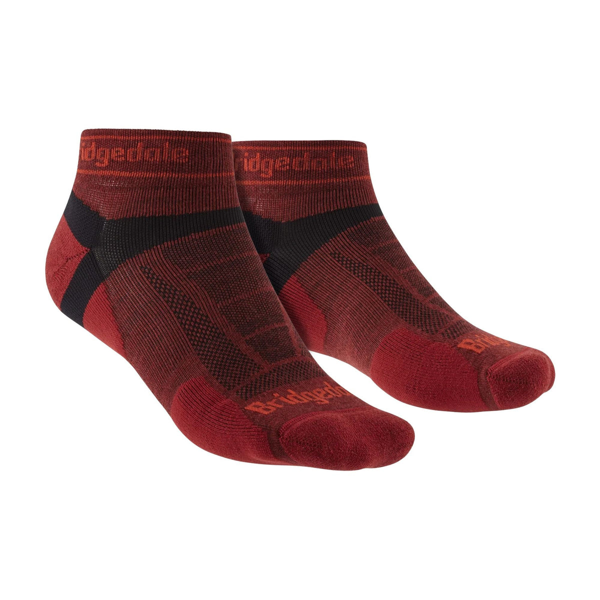 Pair of men's low-cut merino trail socks in red with black knit panels