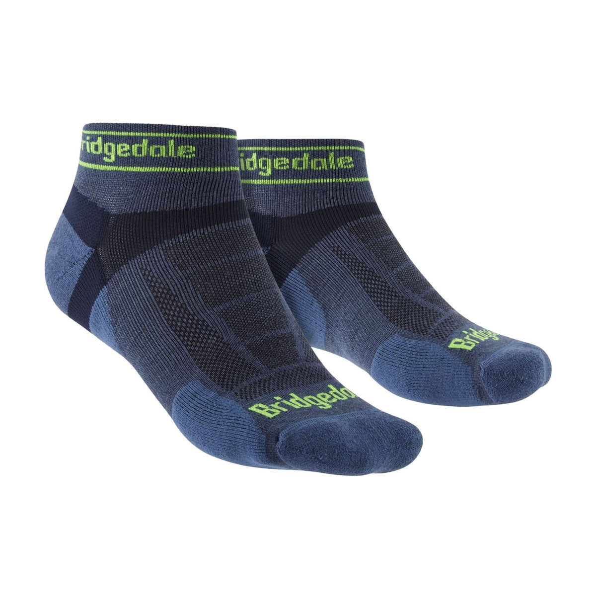 Men's trail low-cut merino wool sport socks, blue with patterned cushioning and logo