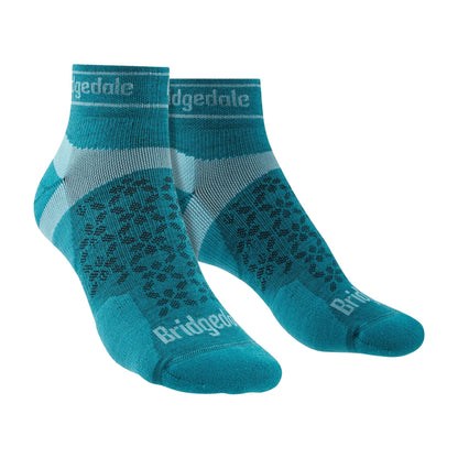Pair of low-cut merino wool sport trail socks, teal blue, cushioned toe